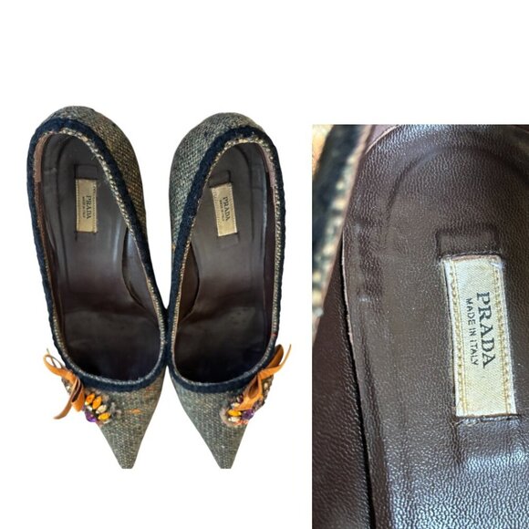 vtg. y2k 2000's Prada Jeweled Brown Pointed toe kitten Heels size US 7/37 - Picture 6 of 7